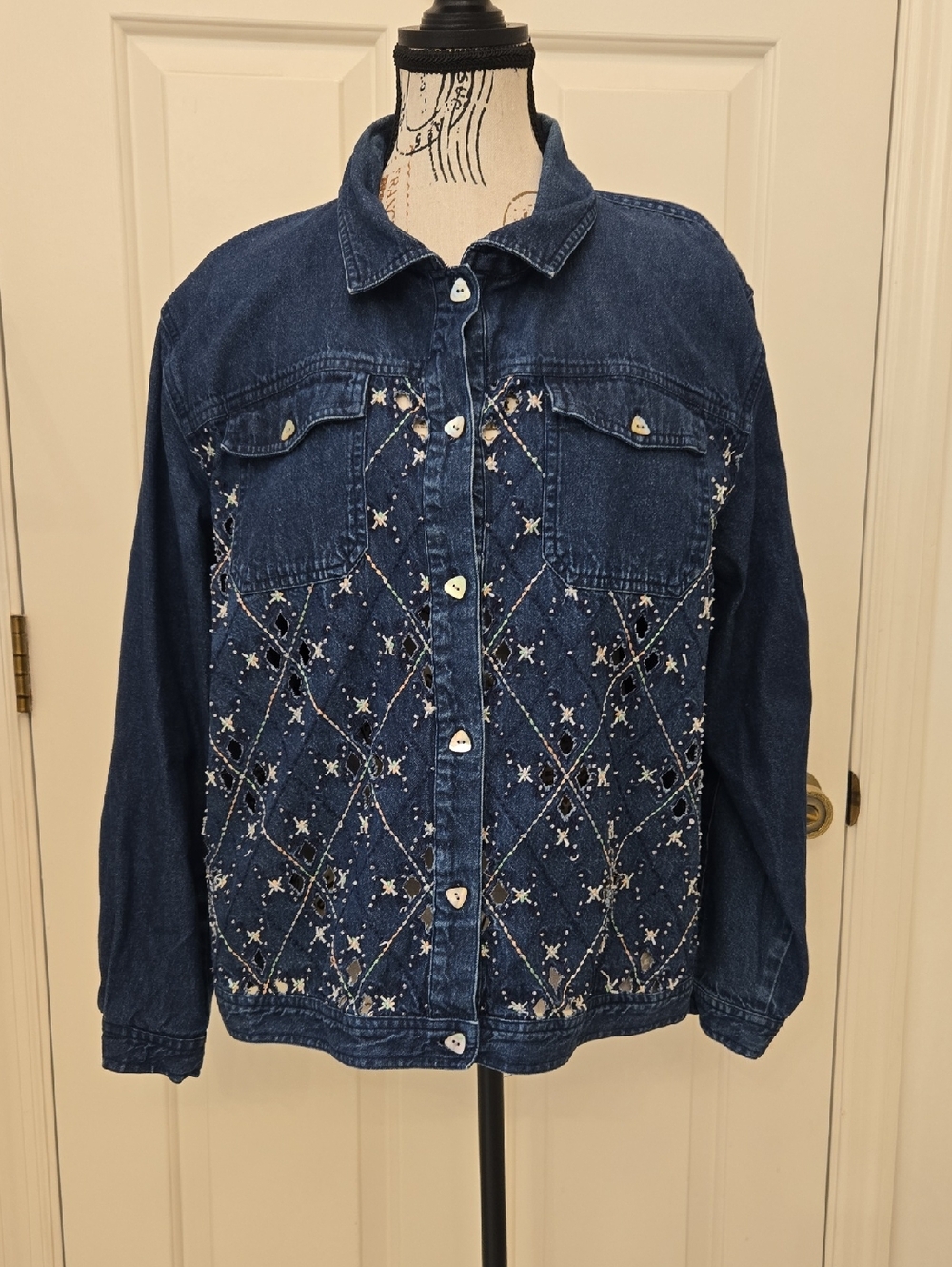 Dark Blue Embroidered Denim Jacket with Diamond Motif - Women